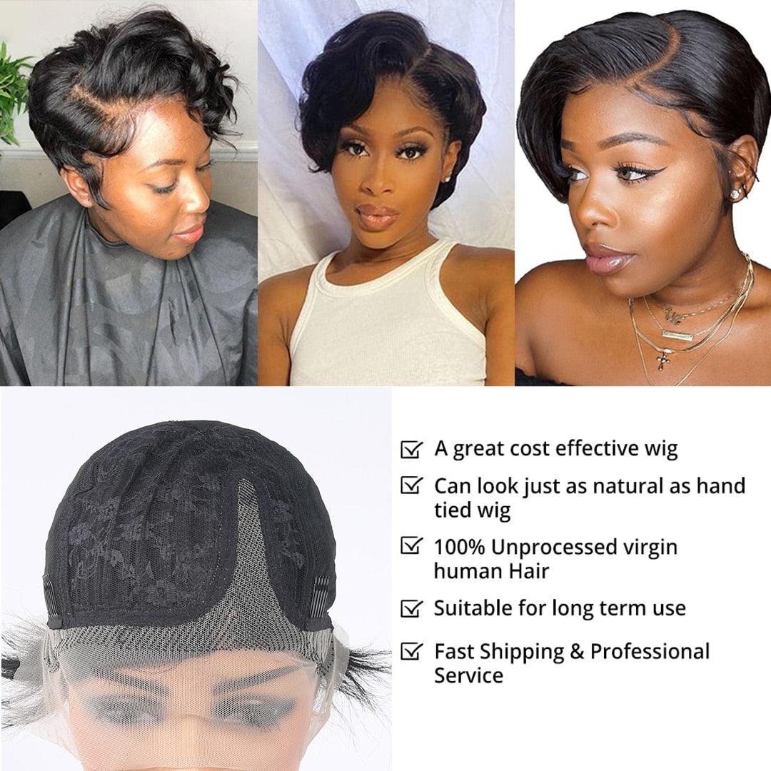 Short Bob Wig Pixie Cut Wig Straight Human Hair Wigs T Part Transparent Lace Wig For Women Pre plucked Hairline Human Hair Wig For Black Women Gifts for Girlfriends