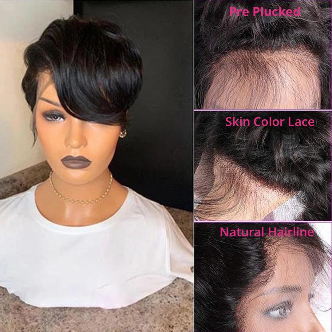 Short Bob Wig Pixie Cut Wig Straight Human Hair Wigs T Part Transparent Lace Wig For Women Pre plucked Hairline Human Hair Wig For Black Women Gifts for Girlfriends