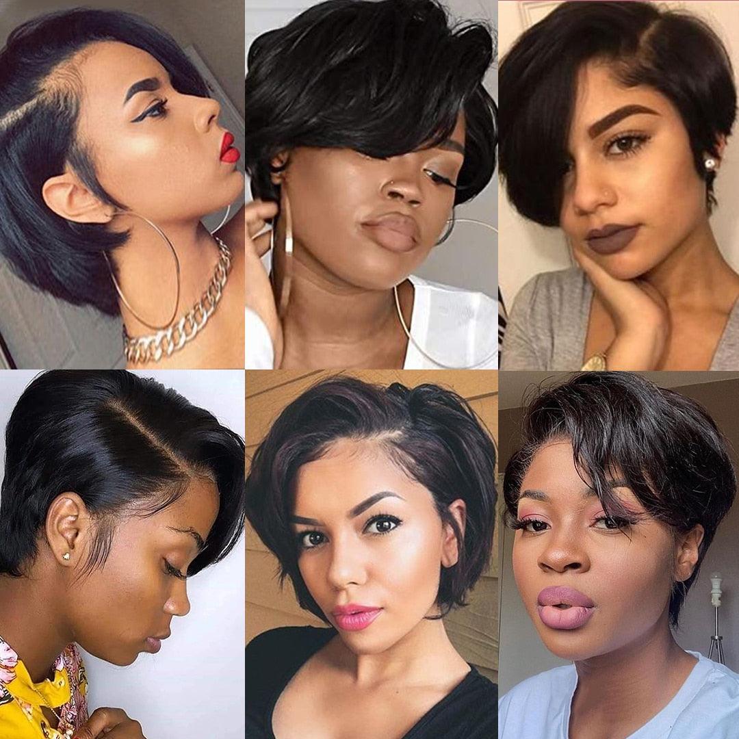 Short Bob Wig Pixie Cut Wig Straight Human Hair Wigs T Part Transparent Lace Wig For Women Pre plucked Hairline Human Hair Wig For Black Women Gifts for Girlfriends