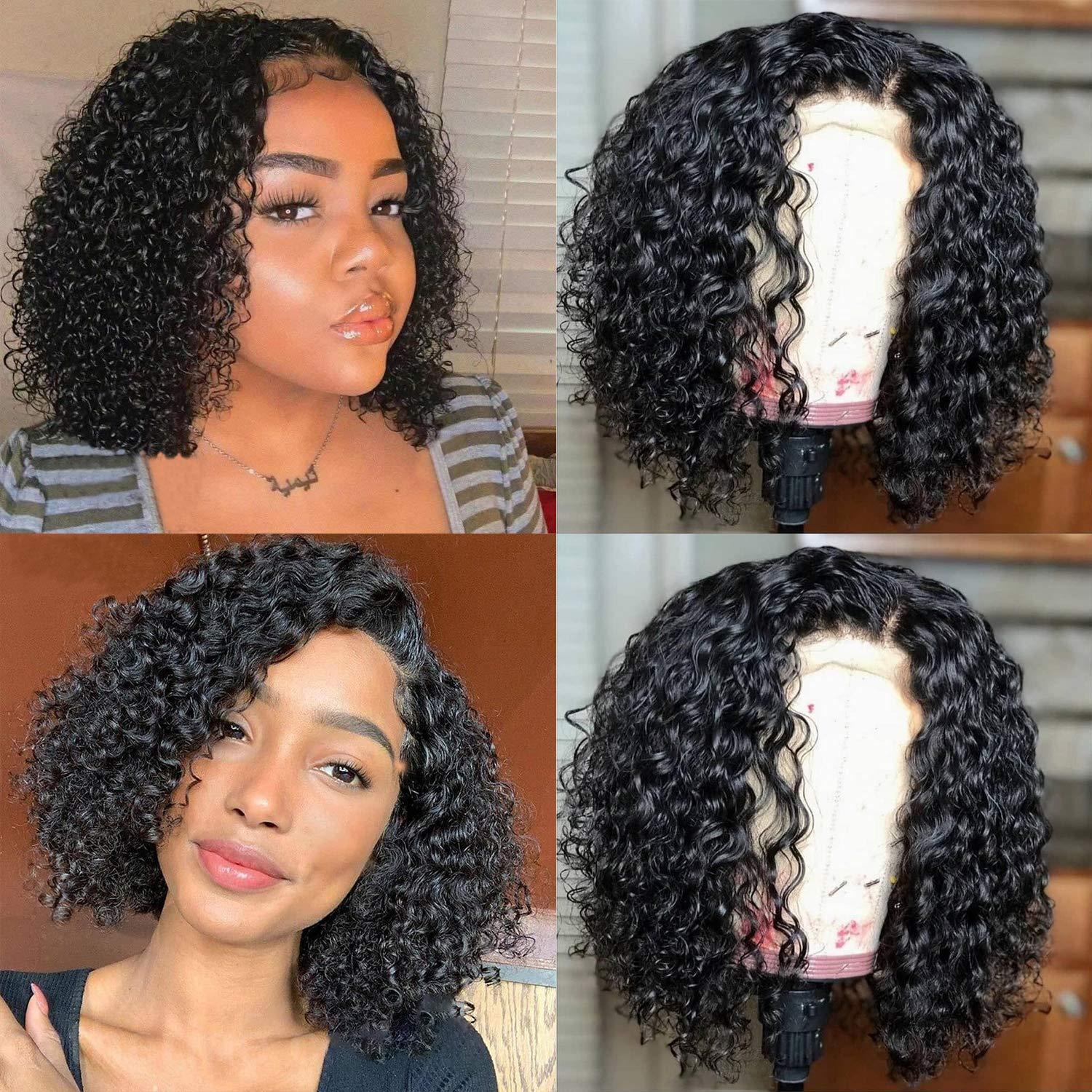 Short Curly Bob Brazilian Human Hair Wigs Lace Frontal Closure Deep Wave Wigs For Black Women Lace Front Human Hair Wigs For Black Women Gifts for Girlfriends