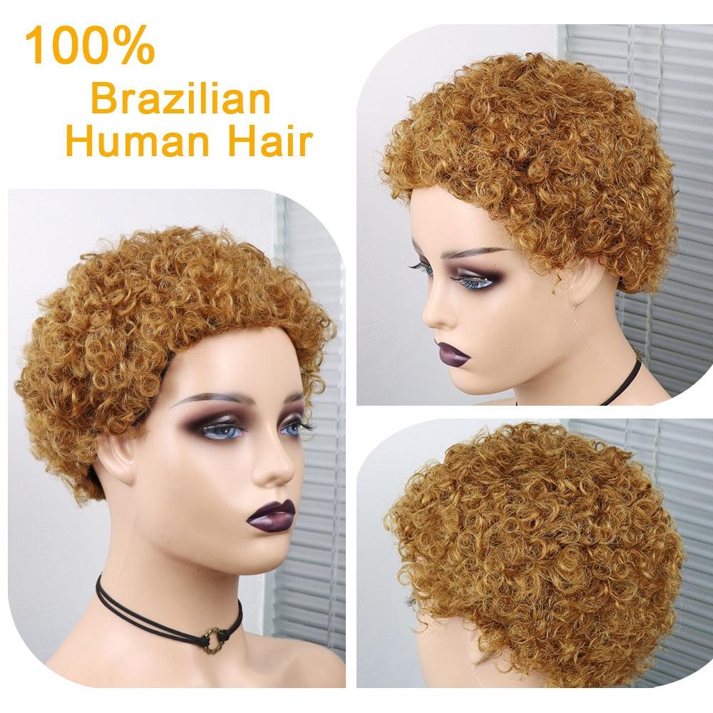 Short Curly Hair Wigs Pixie Cut Brazilian Human Hair For Black Women Natural Black 150% Density Glueless Afro Kinky Curly Human Hair Wig For Black Women Gifts for Girlfriends