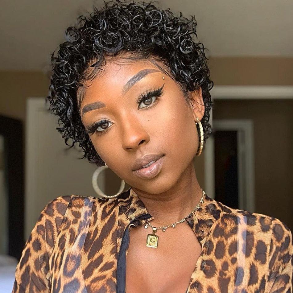 Short Pixie Cut Wig Bob Curly Human Hair Wig Brazilian Hair Wigs for Women Pre Plucked with Baby Hair Non Lace Human Hair Wigs For Black Women Gifts for Girlfriends