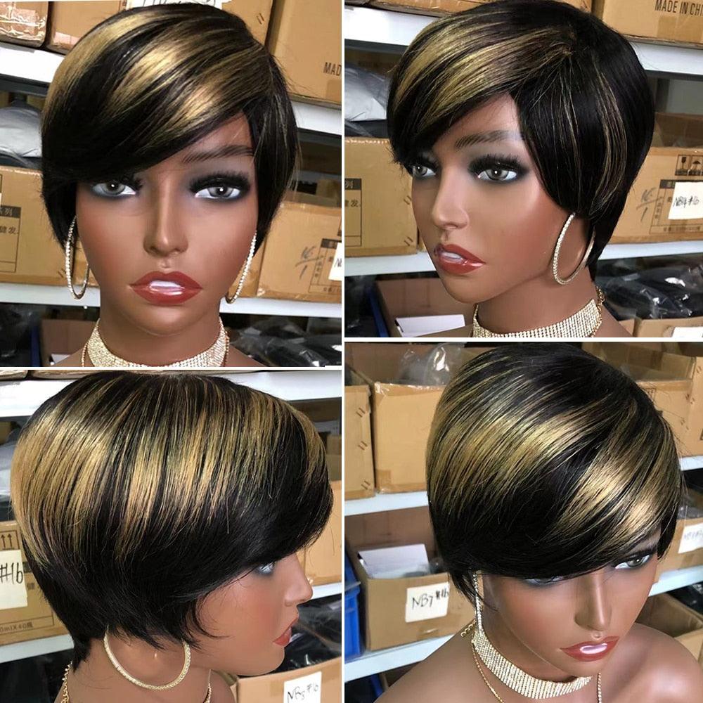 Short Pixie Cut Wig Human Hair Wigs Straight Bob Wigs With Bangs Full Machine Human Hair Wig for Black Women Black & Ombre Wigs For Black Women Gifts for Girlfriends