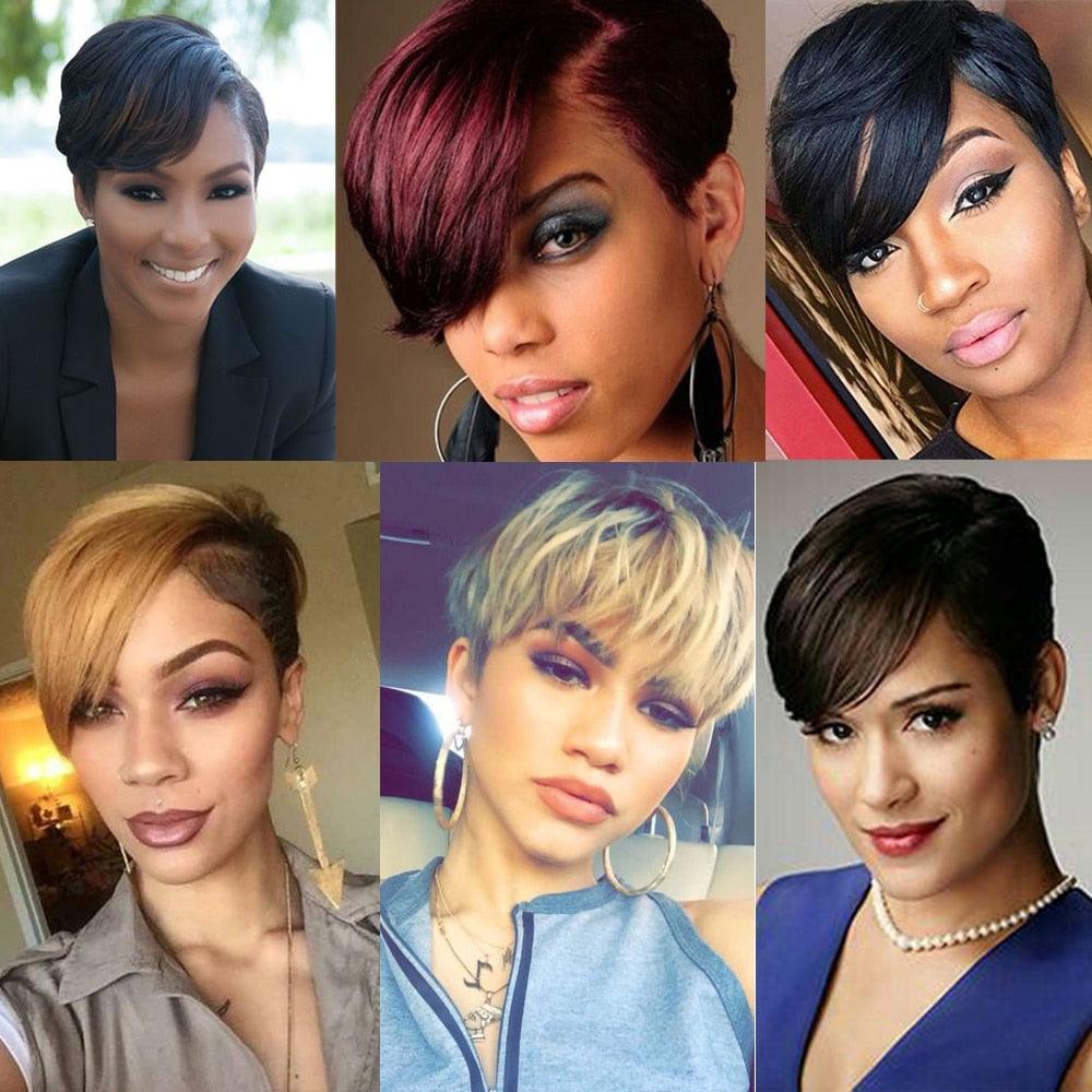 Short Pixie Cut Wig Human Hair Wigs Straight Bob Wigs With Bangs Full Machine Human Hair Wig for Black Women Black & Ombre Wigs For Black Women Gifts for Girlfriends