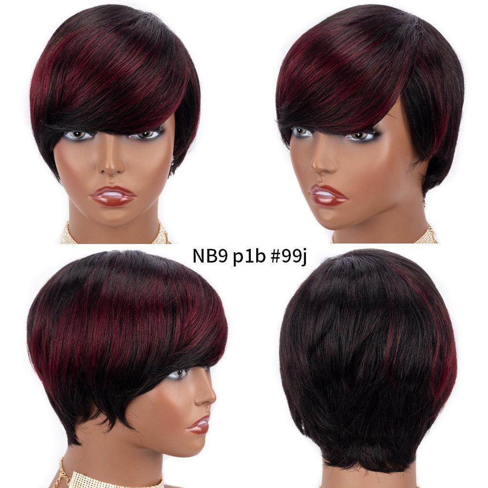 Short Pixie Cut Wig Human Hair Wigs Straight Bob Wigs With Bangs Full Machine Human Hair Wig for Black Women Black & Ombre Wigs For Black Women Gifts for Girlfriends