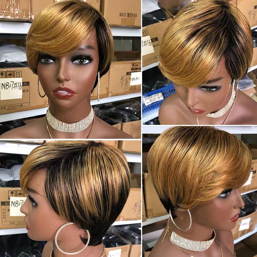 Short Pixie Cut Wig Human Hair Wigs Straight Bob Wigs With Bangs Full Machine Human Hair Wig for Black Women Black & Ombre Wigs For Black Women Gifts for Girlfriends