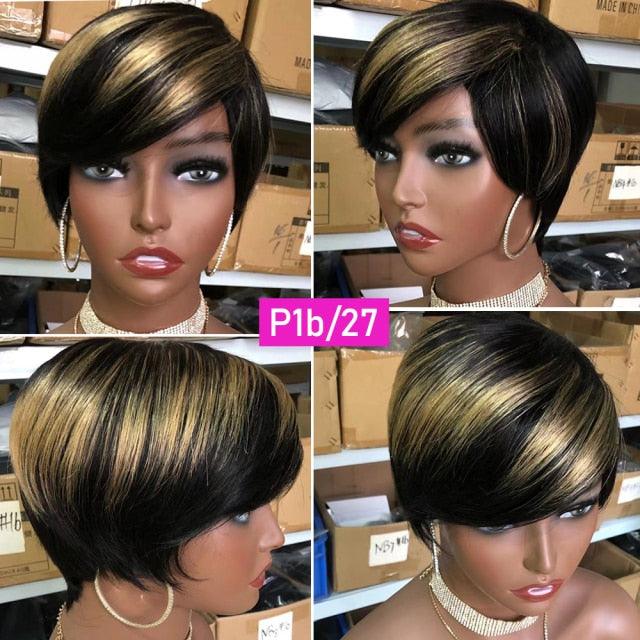 Short Pixie Cut Wig Human Hair Wigs Straight Bob Wigs With Bangs Full Machine Human Hair Wig for Black Women Black & Ombre Wigs For Black Women Gifts for Girlfriends