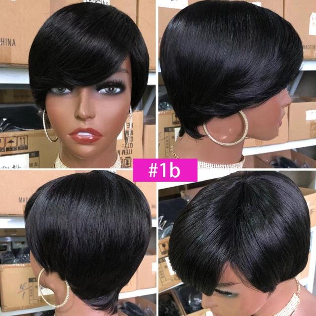 Short Pixie Cut Wig Human Hair Wigs Straight Bob Wigs With Bangs Full Machine Human Hair Wig for Black Women Black & Ombre Wigs For Black Women Gifts for Girlfriends