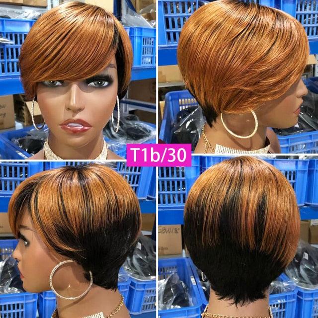 Short Pixie Cut Wig Human Hair Wigs Straight Bob Wigs With Bangs Full Machine Human Hair Wig for Black Women Black & Ombre Wigs For Black Women Gifts for Girlfriends