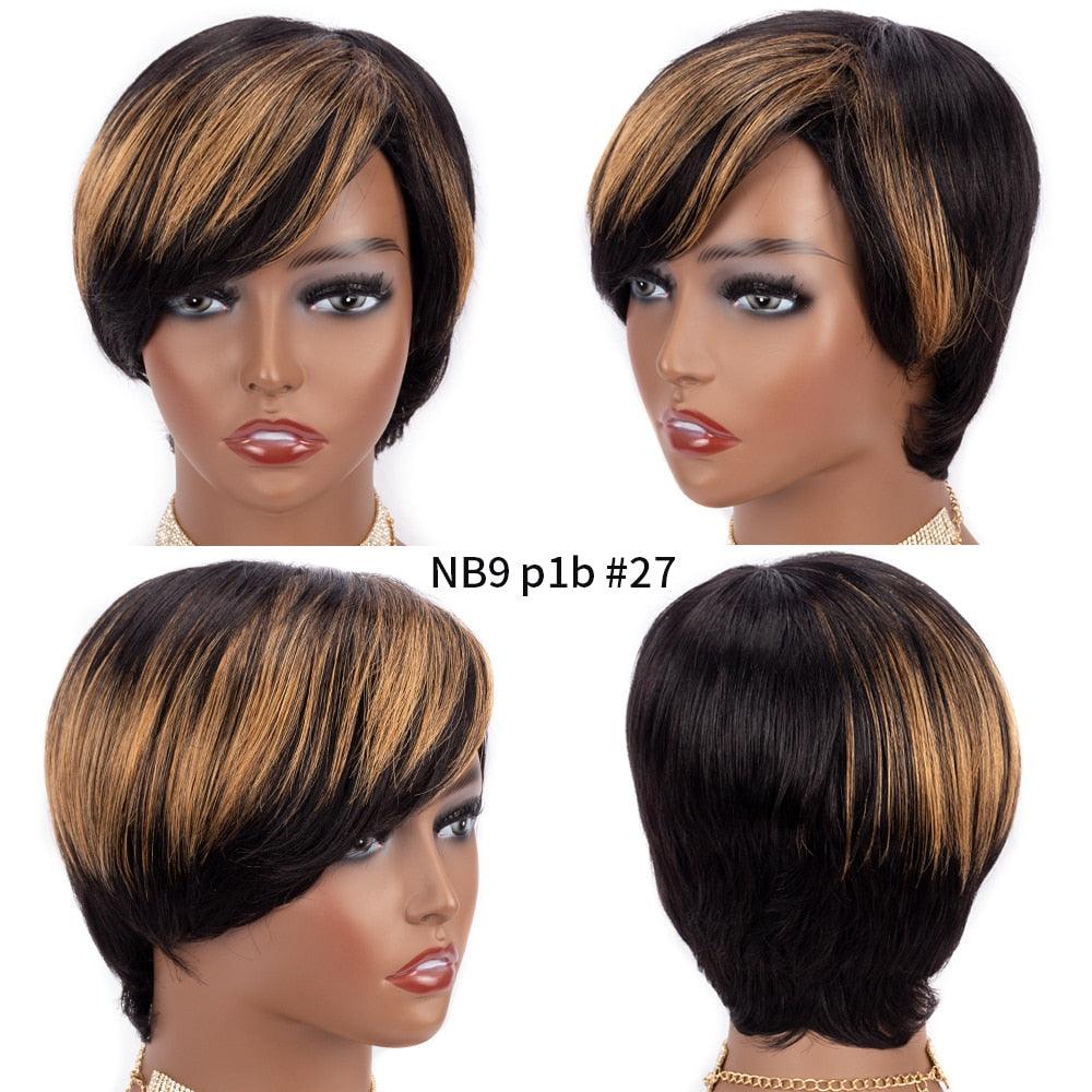 Short Pixie Cut Wig Human Hair Wigs Straight Bob Wigs With Bangs Full Machine Human Hair Wig for Black Women Black & Ombre Wigs For Black Women Gifts for Girlfriends