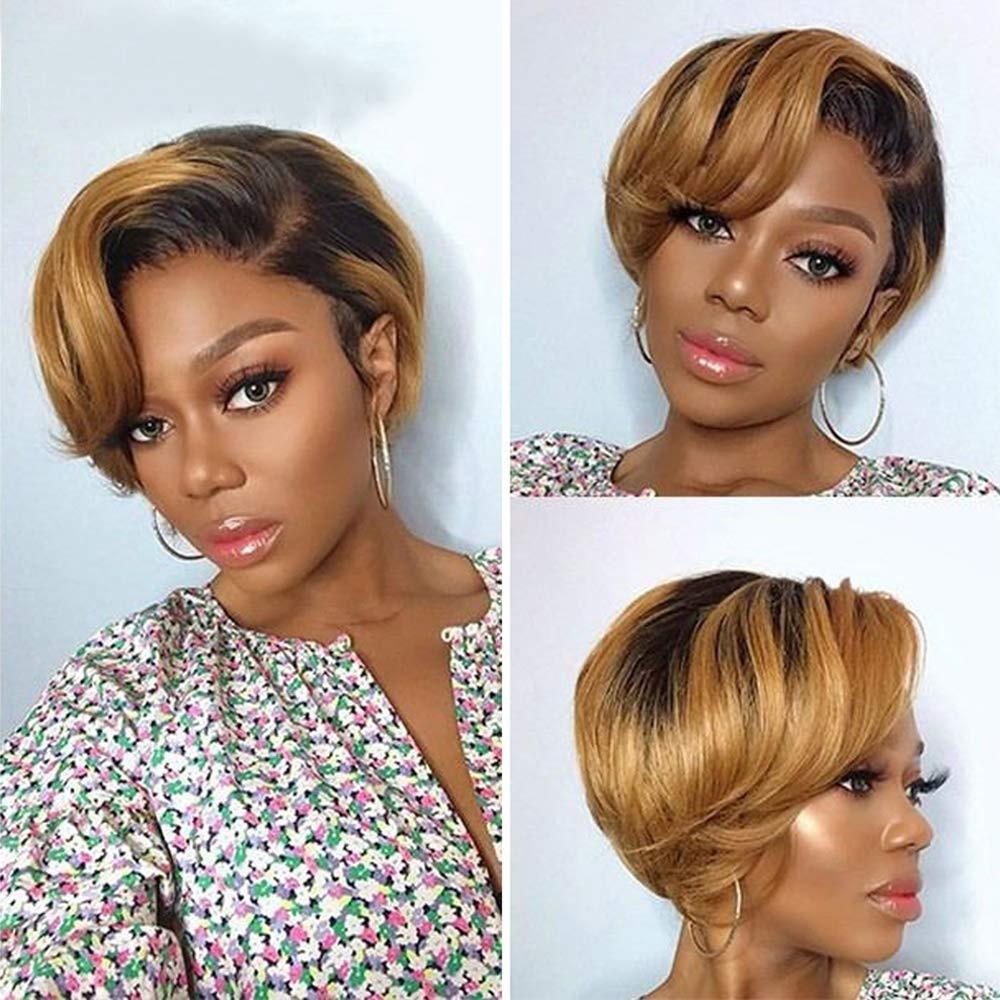 Short Pixie Cut Wig Human Hair Wigs Straight Bob Wigs With Bangs Full Machine Human Hair Wig for Black Women Black & Ombre Wigs For Black Women Gifts for Girlfriends