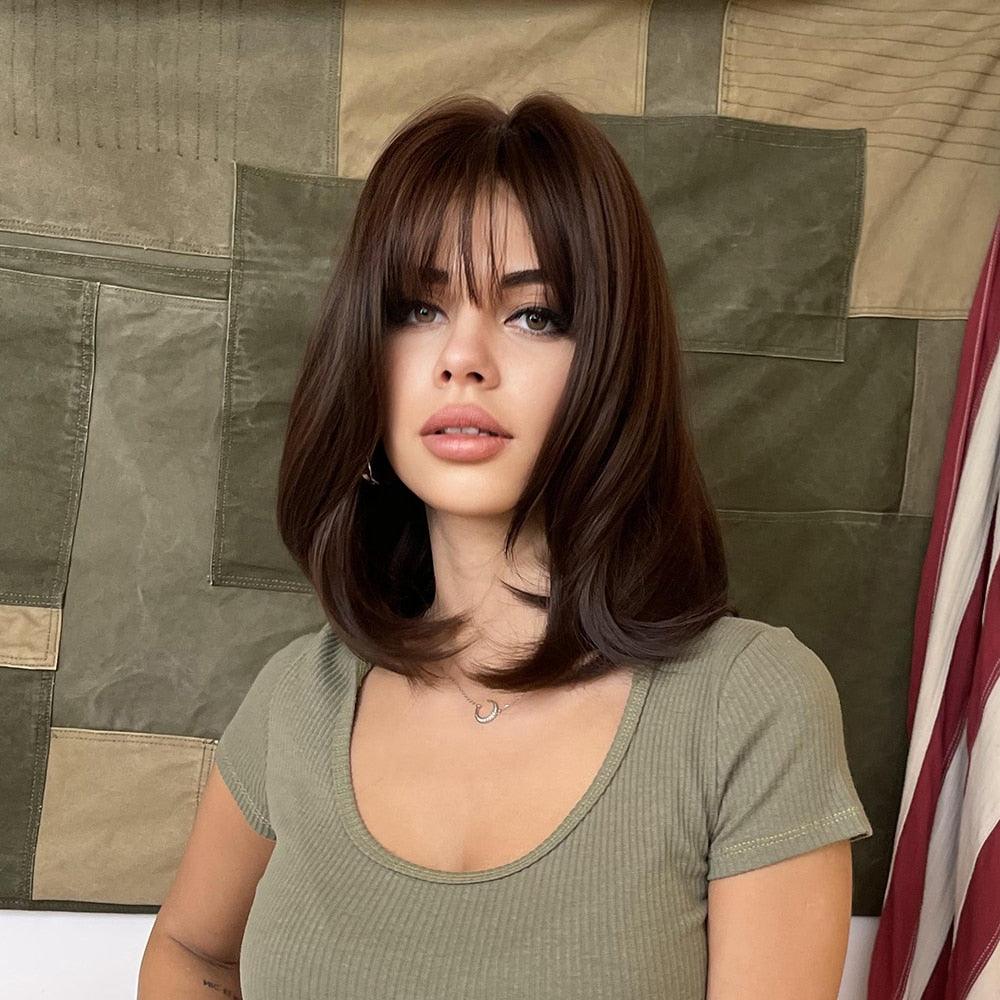 Short Straight Ombre Black Brown Synthetic Wigs with Bangs for Women Bob Wig Heat Resistant Lolita Cosplay Daily Wigs For Black Women Cosplay Wigs For Women