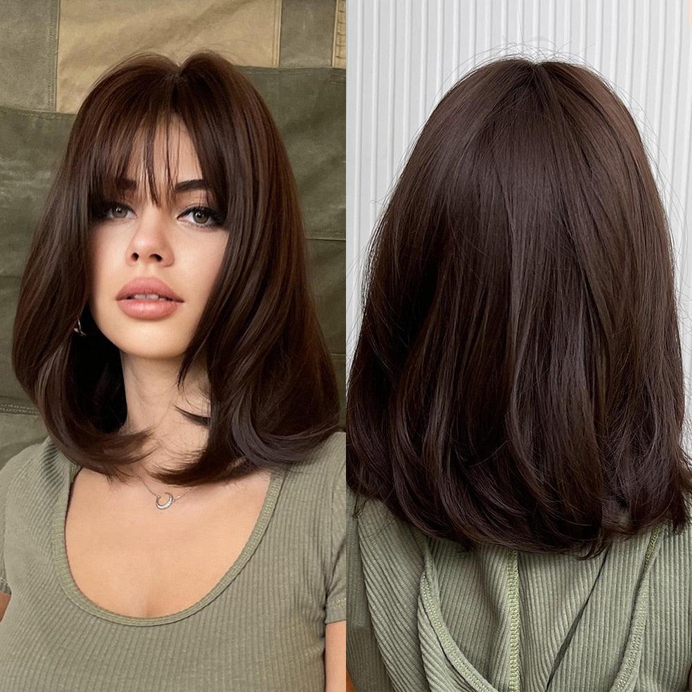 Short Straight Ombre Black Brown Synthetic Wigs with Bangs for Women Bob Wig Heat Resistant Lolita Cosplay Daily Wigs For Black Women Cosplay Wigs For Women