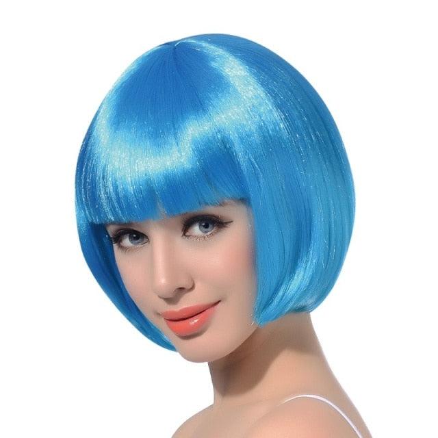 Short Straight Synthetic Blonde Pink Red Black Brown Blue 10" Bob Wigs with Bangs for Women Halloween Cosplay Party For Black Women Gifts for Girlfriends