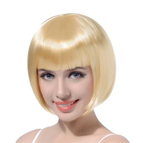 Short Straight Synthetic Blonde Pink Red Black Brown Blue 10" Bob Wigs with Bangs for Women Halloween Cosplay Party For Black Women Gifts for Girlfriends