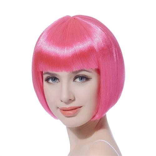 Short Straight Synthetic Blonde Pink Red Black Brown Blue 10" Bob Wigs with Bangs for Women Halloween Cosplay Party For Black Women Gifts for Girlfriends