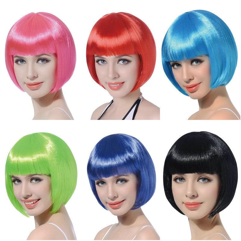 Short Straight Synthetic Blonde Pink Red Black Brown Blue 10" Bob Wigs with Bangs for Women Halloween Cosplay Party For Black Women Gifts for Girlfriends