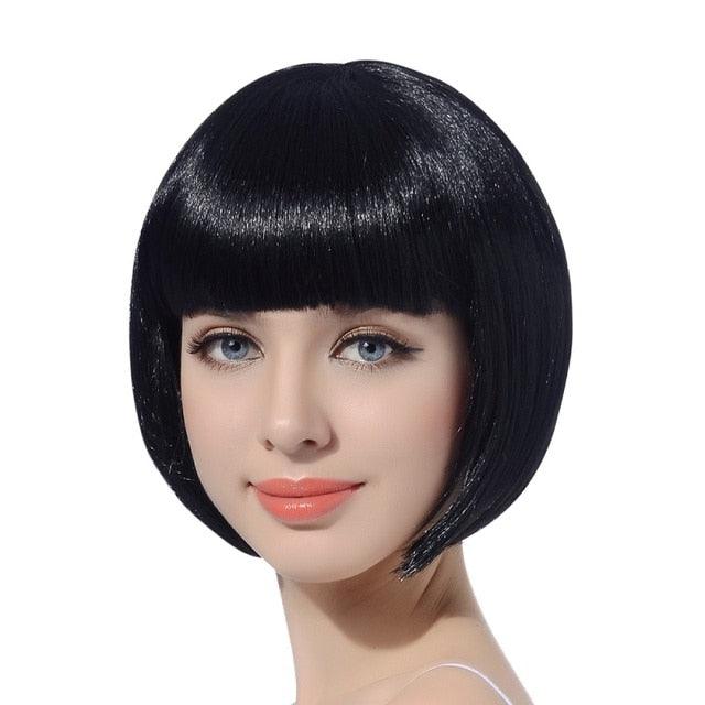 Short Straight Synthetic Blonde Pink Red Black Brown Blue 10" Bob Wigs with Bangs for Women Halloween Cosplay Party For Black Women Gifts for Girlfriends