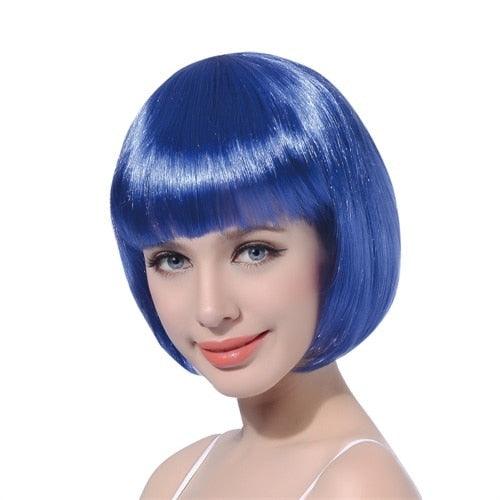 Short Straight Synthetic Blonde Pink Red Black Brown Blue 10" Bob Wigs with Bangs for Women Halloween Cosplay Party For Black Women Gifts for Girlfriends