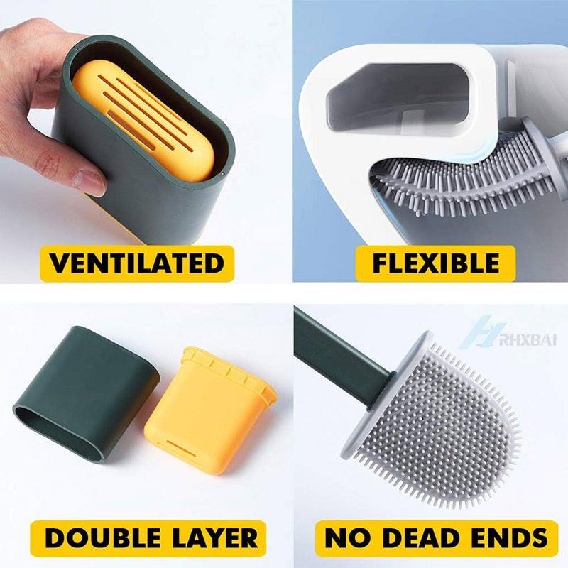 Silicone Bristles Toilet Brush And Holder For Bathroom Storage And Organization Compact Wall Hang Cleaning Kit Accessories Silicone Toilet Brush With Holder Bathroom Toilet Bowl Brush Set Non-Slip Handle Wall Mounted Floor Standing