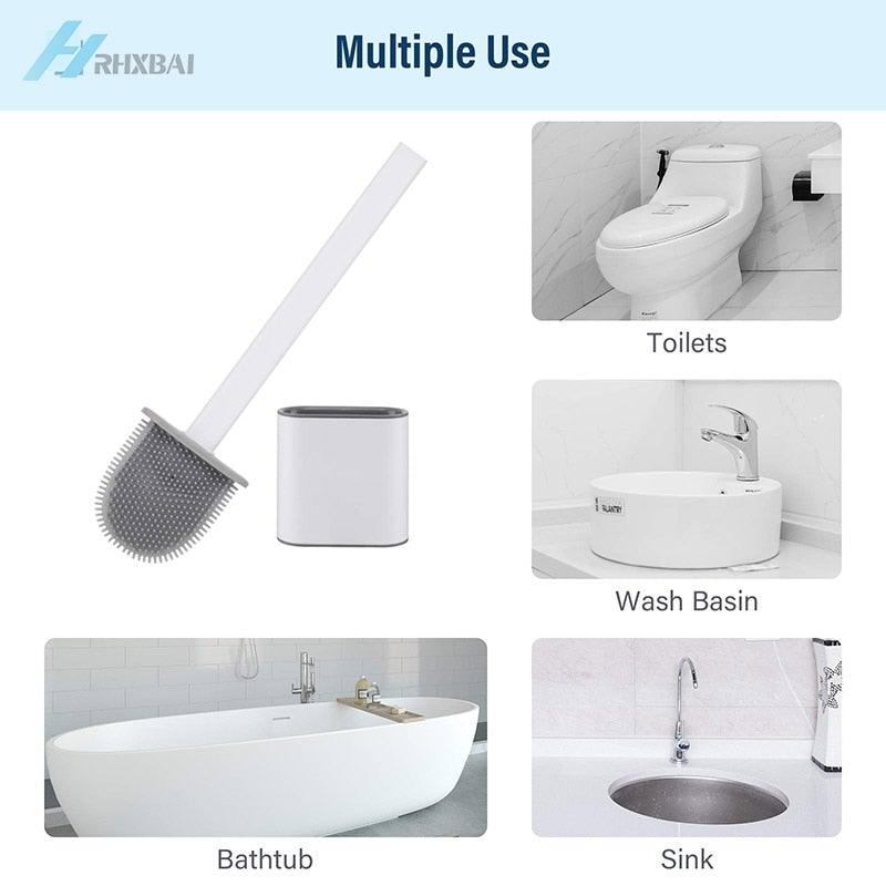 Silicone Bristles Toilet Brush And Holder For Bathroom Storage And Organization Compact Wall Hang Cleaning Kit Accessories Silicone Toilet Brush With Holder Bathroom Toilet Bowl Brush Set Non-Slip Handle Wall Mounted Floor Standing