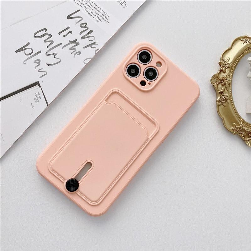 Silicone Pink Wallet Card Holder Phone Case For Iphone 14 13 12 Pro Max Fashion Shockproof Lens Protection Cover Soft Silicone Wallet Card Holder Cover For Iphone