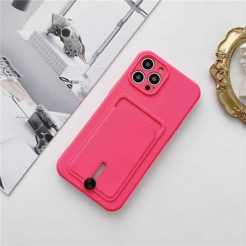 Silicone Pink Wallet Card Holder Phone Case For Iphone 14 13 12 Pro Max Fashion Shockproof Lens Protection Cover Soft Silicone Wallet Card Holder Cover For Iphone