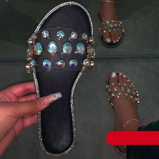 Slides Women Flip Flops Shoes Slippers Rhinestones Sandals Slide Diamond Slipper Slide Open Toe Flat Sandals With Clear Rhinestone Flip Flops Fashion Casual Slip On Party Shoes