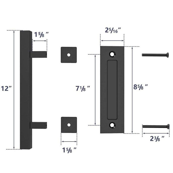 Sliding Barn Door Handle Pull Cabinet Flush Hardware Set Wood Door Handle Interior Door Furniture Handle Hardware Sliding Barn Door Pull Handle with Flush Hardware Set Heavy Duty Solid Square Rustic Style Black Powder Coated Finish