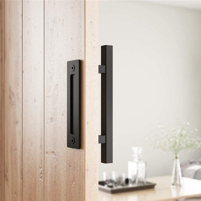 Sliding Barn Door Handle Pull Cabinet Flush Hardware Set Wood Door Handle Interior Door Furniture Handle Hardware Sliding Barn Door Pull Handle with Flush Hardware Set Heavy Duty Solid Square Rustic Style Black Powder Coated Finish