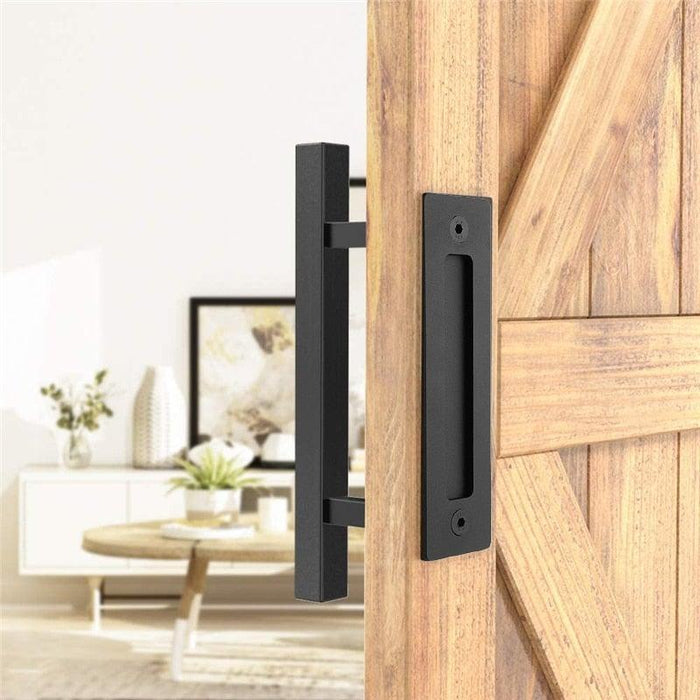 Sliding Barn Door Handle Pull Cabinet Flush Hardware Set Wood Door Handle Interior Door Furniture Handle Hardware Sliding Barn Door Pull Handle with Flush Hardware Set Heavy Duty Solid Square Rustic Style Black Powder Coated Finish