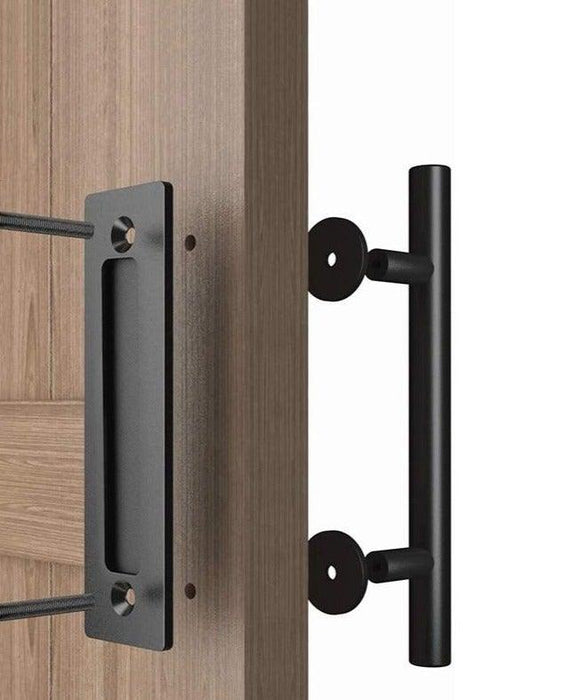 Sliding Barn Door Handle Pull Cabinet Flush Hardware Set Wood Door Handle Interior Door Furniture Handle Hardware Sliding Barn Door Pull Handle with Flush Hardware Set Heavy Duty Solid Square Rustic Style Black Powder Coated Finish