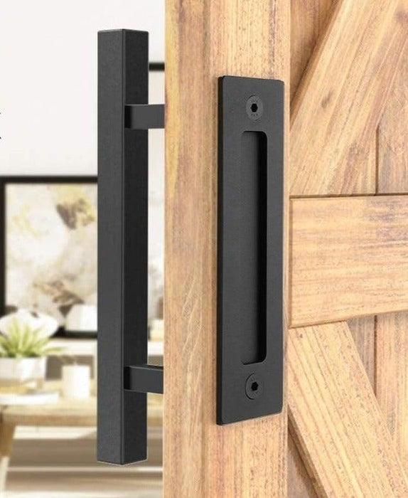 Sliding Barn Door Handle Pull Cabinet Flush Hardware Set Wood Door Handle Interior Door Furniture Handle Hardware Sliding Barn Door Pull Handle with Flush Hardware Set Heavy Duty Solid Square Rustic Style Black Powder Coated Finish