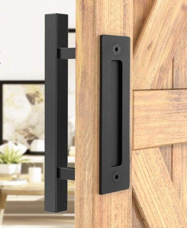 Sliding Barn Door Handle Pull Cabinet Flush Hardware Set Wood Door Handle Interior Door Furniture Handle Hardware Sliding Barn Door Pull Handle with Flush Hardware Set Heavy Duty Solid Square Rustic Style Black Powder Coated Finish