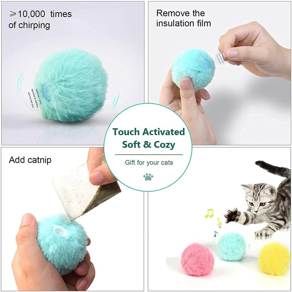 Smart Cat Toys Interactive Ball with Catnip Cat Training Squeaky Fidget Toys Cats Products for Pets Fluffy Plush Cat Ball Toys Interactive Chirping Balls Cat Kicker Toy Animal Chirping Sounds Fun Catnip Toys for Cat Exercise