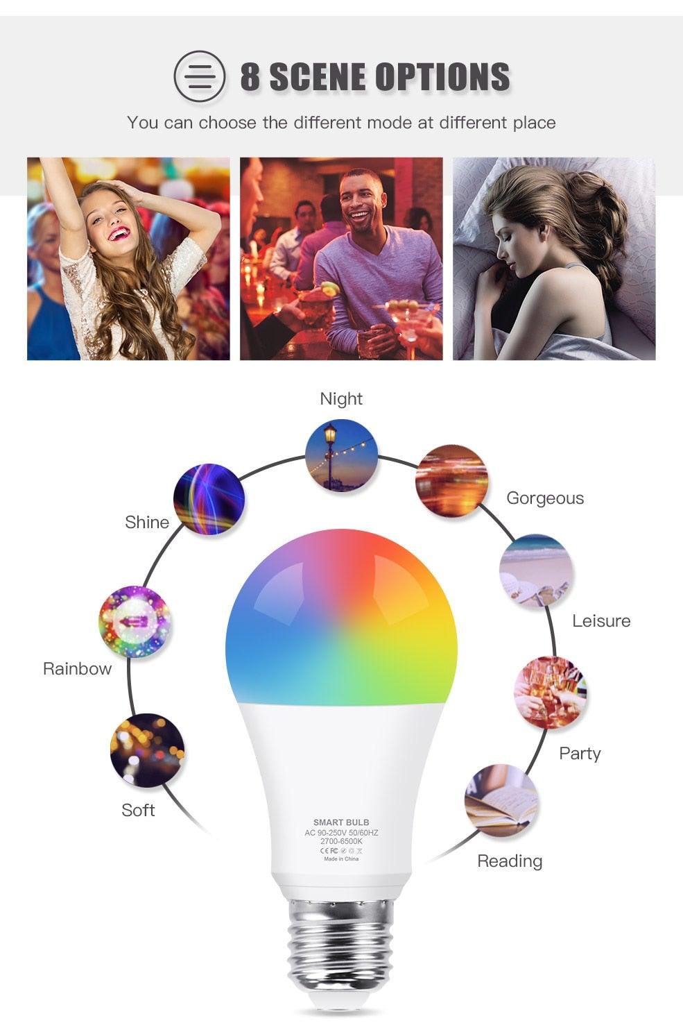 Smart Light Bulb E27 LED Lamp RGB+White+Warm White Work With Alexa Google Home Dimmable Timer Function RGB LED Bulb Bulb-Timer  Sunrise  Sunset Dimmable Multicolo Warm White No Hub Required Compatible With Alexa Google Home Assistant