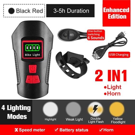 Smart Waterproof Bicycle Light USB Rechargeable Bike Front Light Flashlight With Bike Computer LCD Speedometer Waterproof Bicycles Light And Odometer Horn For Safe Cycling 4 Modes Fits For All Mountain Road Bikes