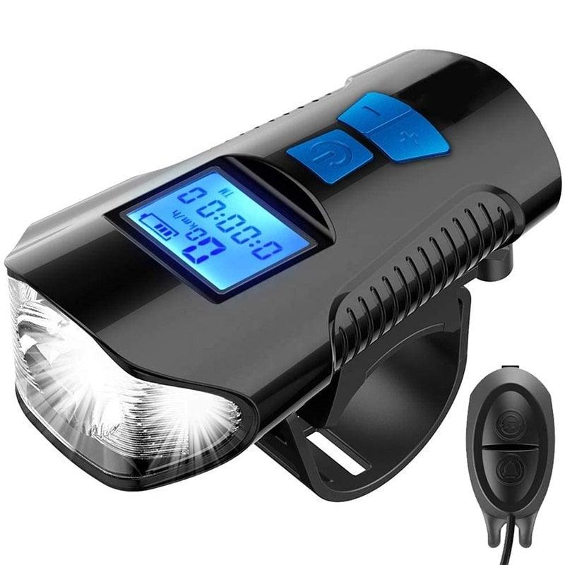 Smart Waterproof Bicycle Light USB Rechargeable Bike Front Light Flashlight With Bike Computer LCD Speedometer Waterproof Bicycles Light And Odometer Horn For Safe Cycling 4 Modes Fits For All Mountain Road Bikes