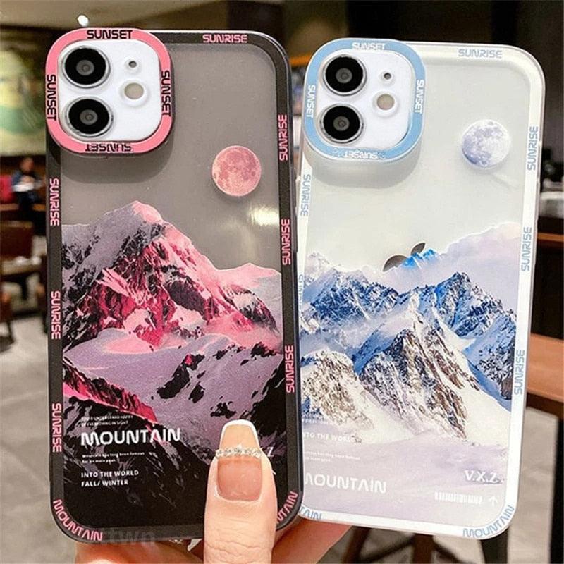 Snow Mountain Sunset Phone Case For iPhone 13 12 Mini 11 Pro Max  Snow Mountain Moon Night Lovely Phone Case Soft Shockproof Camera Lens Protective Cute Case Soft Shockproof Bumper Clear Back Cover