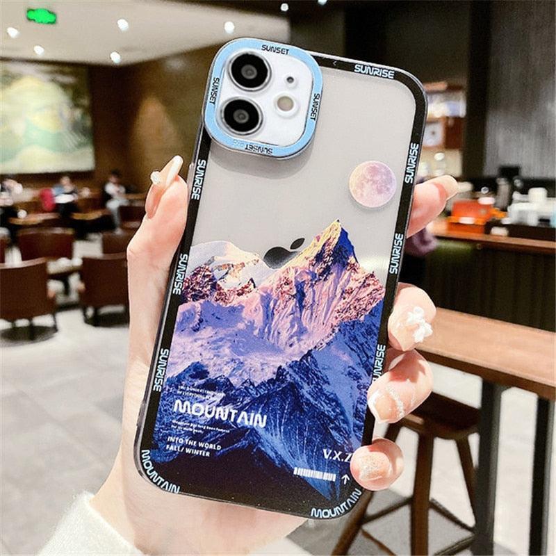 Snow Mountain Sunset Phone Case For iPhone 13 12 Mini 11 Pro Max  Snow Mountain Moon Night Lovely Phone Case Soft Shockproof Camera Lens Protective Cute Case Soft Shockproof Bumper Clear Back Cover