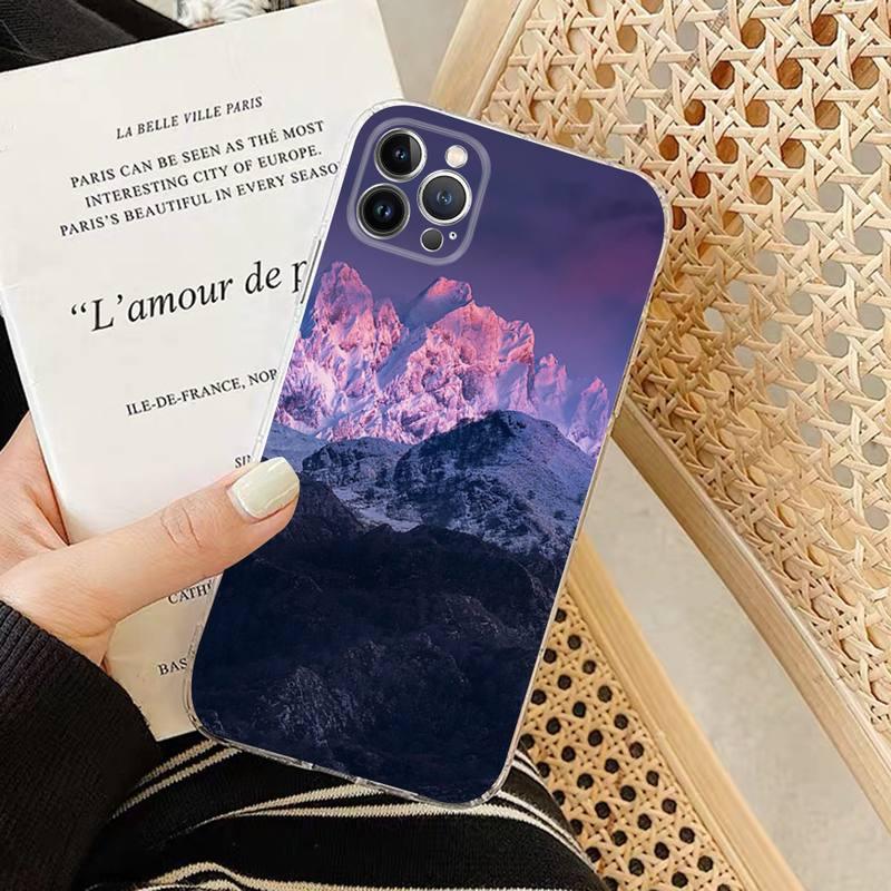 Snow Mountain Sunset Phone Case For iPhone 14 13 Pro Max Transparent Nature Landscape Painting Mountain Design Clear Case Soft Stylish Slim Thin Cute Raised Lips Anti-Scratch Protective Case