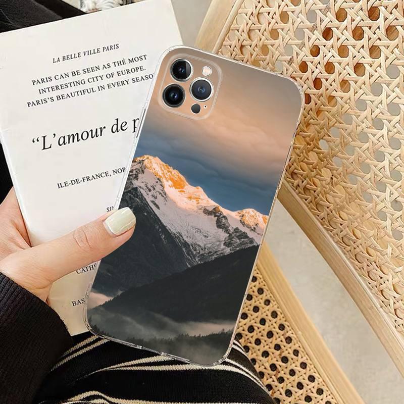 Snow Mountain Sunset Phone Case For iPhone 14 13 Pro Max Transparent Nature Landscape Painting Mountain Design Clear Case Soft Stylish Slim Thin Cute Raised Lips Anti-Scratch Protective Case