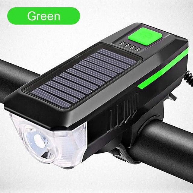 Solar Charging Bicycle Light LED Road Mountain Bike Front Light Waterproof Bicycle Bell Light Rechargeable Headlight Horn Solar Powered USB 3 Mode Bicycle Headlight Combinations Front Light And Bell For Cycling Riding