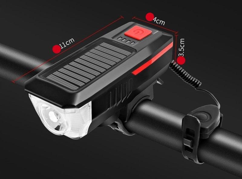 Solar Charging Bicycle Light LED Road Mountain Bike Front Light Waterproof Bicycle Bell Light Rechargeable Headlight Horn Solar Powered USB 3 Mode Bicycle Headlight Combinations Front Light And Bell For Cycling Riding