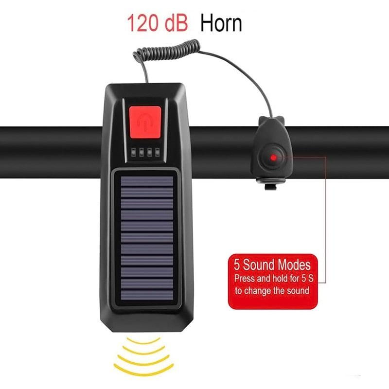 Solar Charging Bicycle Light LED Road Mountain Bike Front Light Waterproof Bicycle Bell Light Rechargeable Headlight Horn Solar Powered USB 3 Mode Bicycle Headlight Combinations Front Light And Bell For Cycling Riding