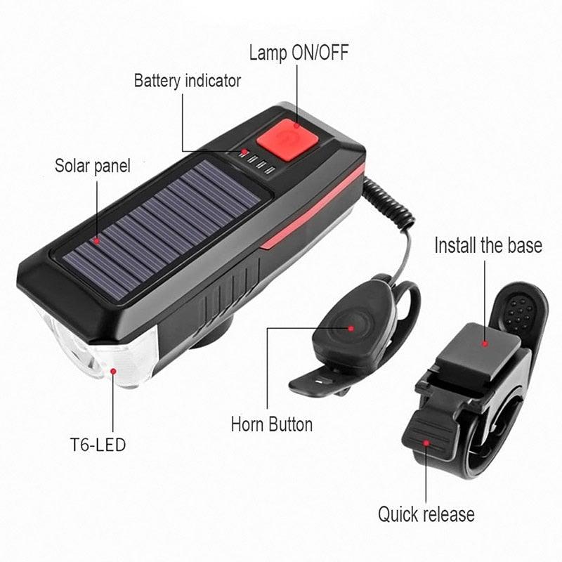 Solar Charging Bicycle Light LED Road Mountain Bike Front Light Waterproof Bicycle Bell Light Rechargeable Headlight Horn Solar Powered USB 3 Mode Bicycle Headlight Combinations Front Light And Bell For Cycling Riding