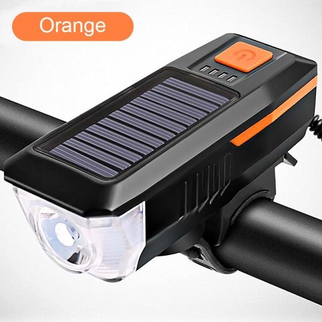 Solar Charging Bicycle Light LED Road Mountain Bike Front Light Waterproof Bicycle Bell Light Rechargeable Headlight Horn Solar Powered USB 3 Mode Bicycle Headlight Combinations Front Light And Bell For Cycling Riding