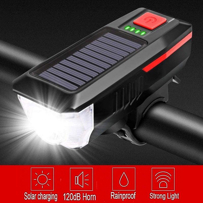 Solar Charging Bicycle Light LED Road Mountain Bike Front Light Waterproof Bicycle Bell Light Rechargeable Headlight Horn Solar Powered USB 3 Mode Bicycle Headlight Combinations Front Light And Bell For Cycling Riding