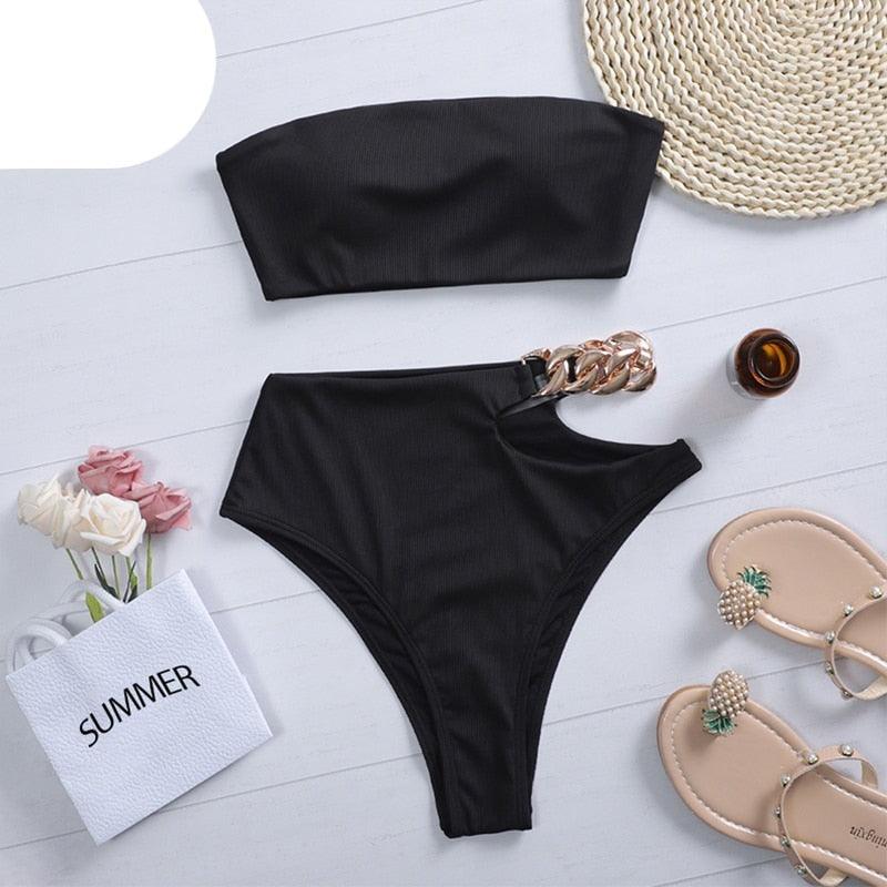 Solid Bikini High Waist Swimwear Female Chain Swimsuit Women 2 Pieces Set Sports Bathing Suit Women's Bikini Set Two Piece Smocked Swimsuits Ruffle Off Shoulder Bathing Suit With High Waist Bottoms