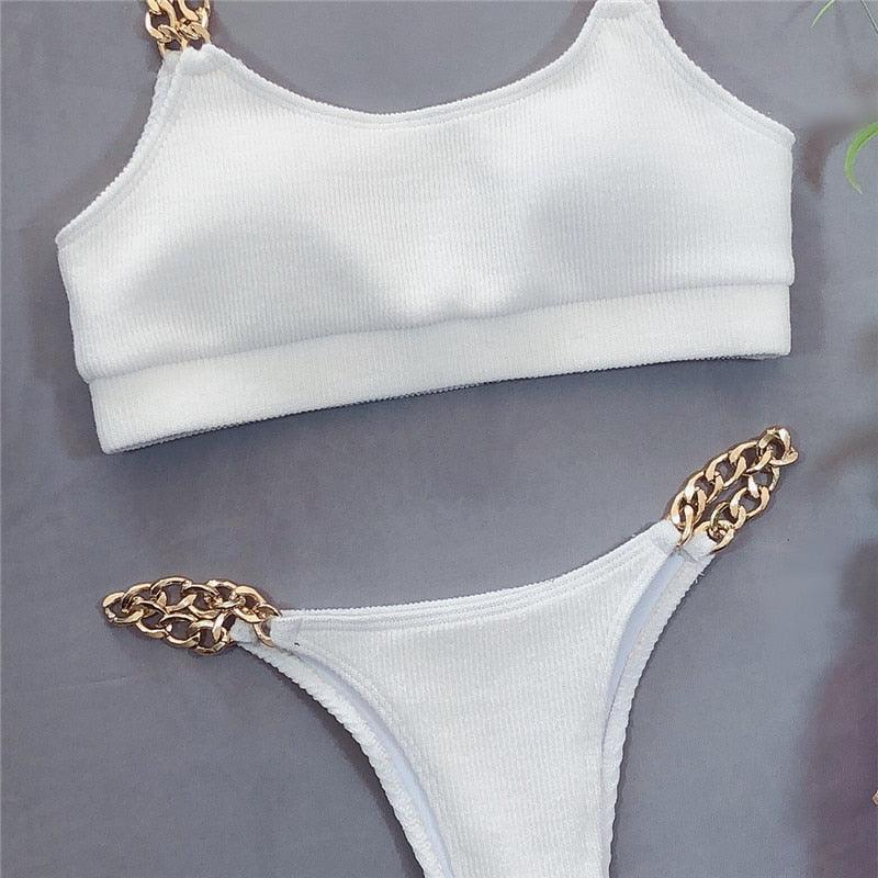 Solid Bikini High Waist Swimwear Female Chain Swimsuit Women 2 Pieces Set Sports Bathing Suit Women's Bikini Set Two Piece Smocked Swimsuits Ruffle Off Shoulder Bathing Suit With High Waist Bottoms